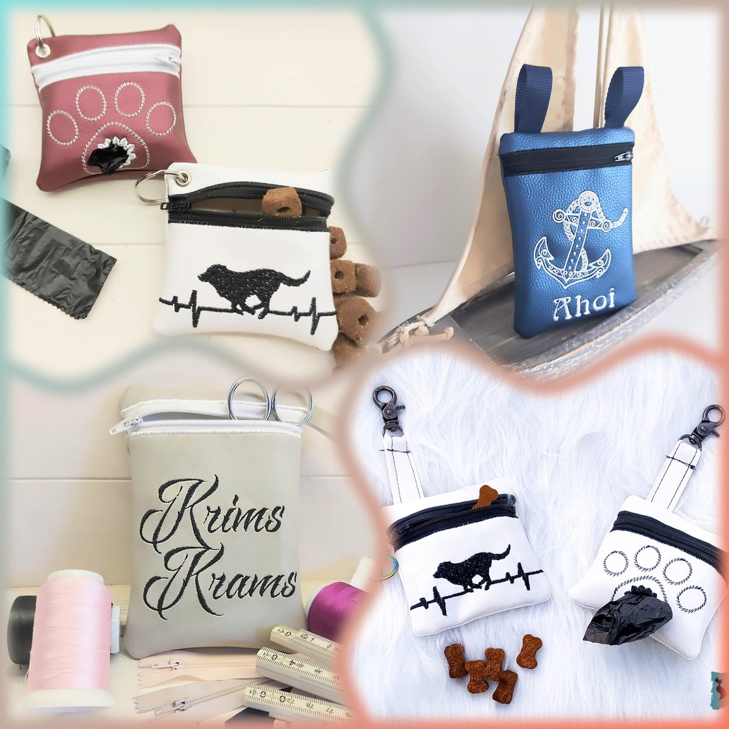 Taschenset ITH 10x10 und 13x18 4 Designs, zwei größen. Anker Ahoi KrimsKrams GassiBag LekkerliBag