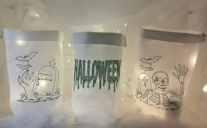Halloween Set Lichterbeutel, 2 Motive in je 5 Größen, 1 Text in 8 Größen, 3 Anhänger