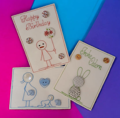 Knopf Karten Set  3 Motive in 2 Größen 9x14 10x16