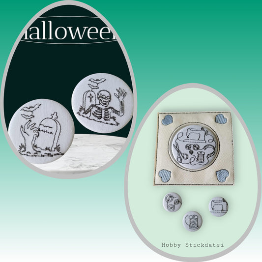 Stickdatei Set (10x10) für Buttons 25 MM und 59 MM Hobby, Halloween und Blanko plus ITH für 59 Button